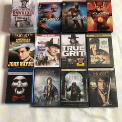DVD TV Series Rawhide Seasons 1-3 New $25,CW Network The Flash Seasons 1-3$30,BluRayDVD 8 Film Set SAW$10,DVD John Wayne Collection $25,DVD Hobbit $5