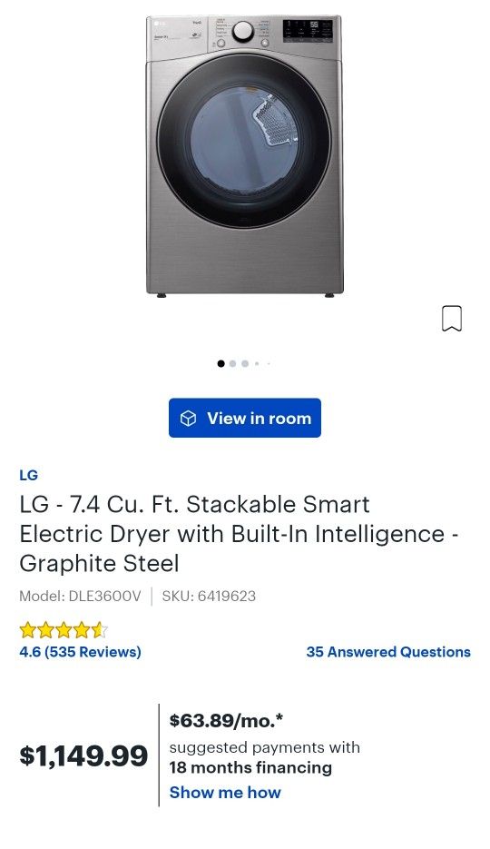 LG - 7.4 Cu. Ft. Stackable Smart
Electric Dryer with Built-In Intelligence
Graphite Steel