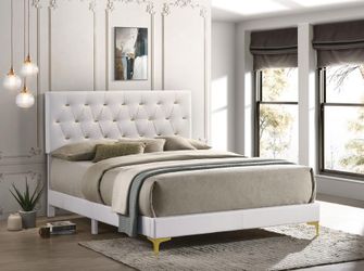 White Upholstered Bed Frame with Tufted Headboard