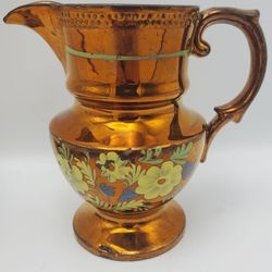 Hand-Painted Floral Victorian Copper Lusterware Pitcher