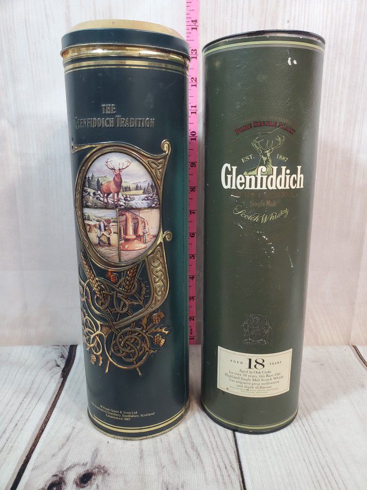 @CHV.  2 EMPTY VINTAGE GLENFIDDICH COLLECTIBLE BOTTLES AND TUBE CASE 