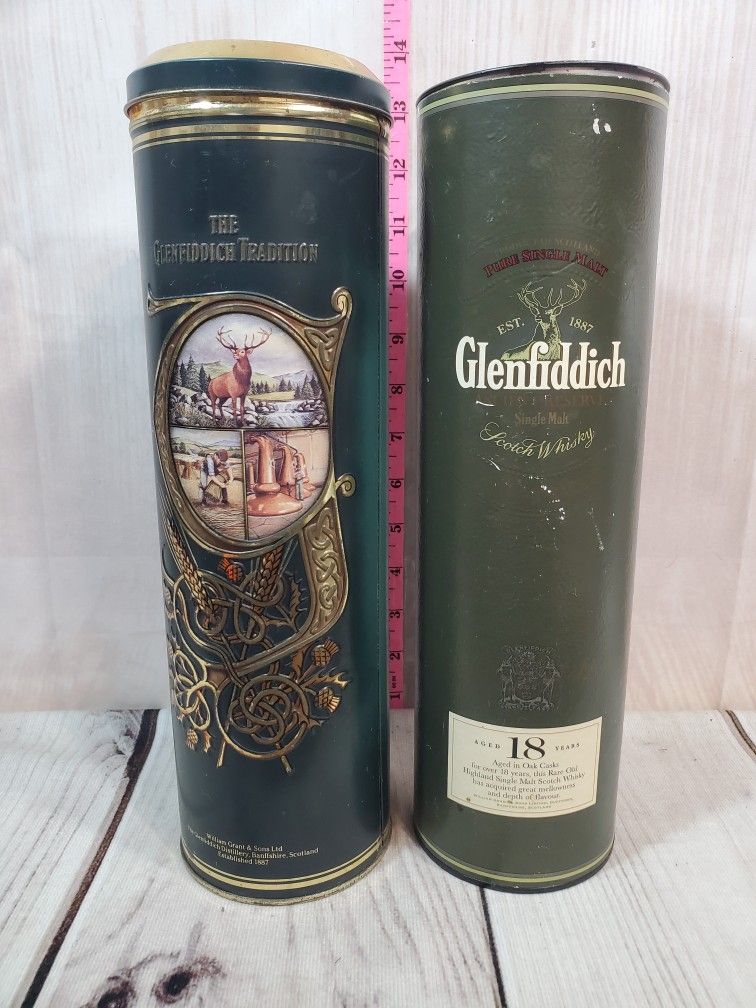 @CHV.  2 EMPTY VINTAGE GLENFIDDICH COLLECTIBLE BOTTLES AND TUBE CASE 