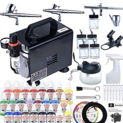 MEEDEN Airbrush Kit with Compressor, 3 Dual-Action Airbrush Guns with 24 Airbrush Paints(30 ml/1 oz), Cleaning Kits, Professional Quiet Airbrushing Sy