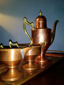 Copper Coffee Pot, Cream, and Sugar Set. Copper Coffee Serving Dishes with  Brass