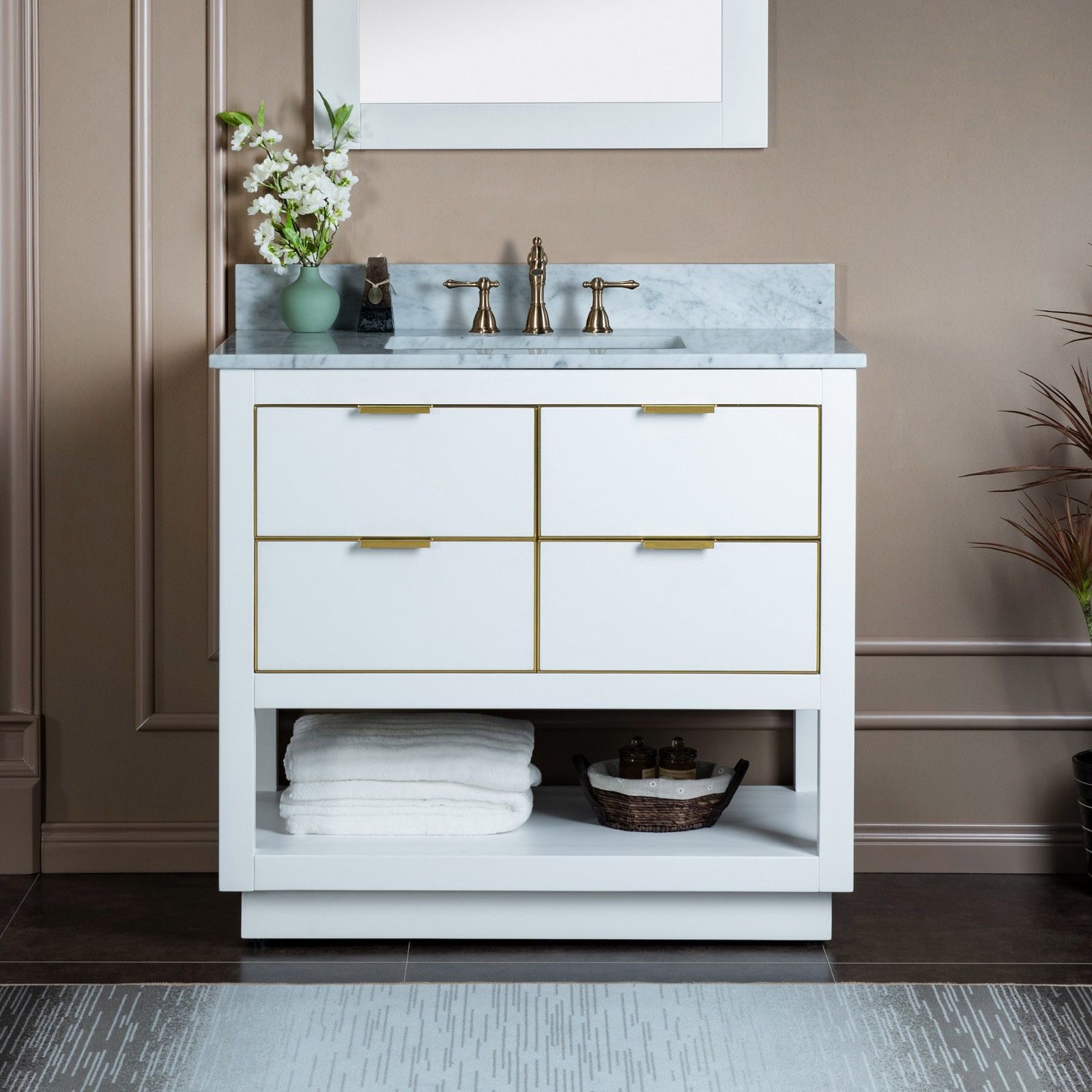 WOODBRIDGE Venice 36"x21"x33" Solid Wood Bath Vanities Side Cabinet in Navy with Gold/BN Trim and Engineered Stone Composite Vanity Top in Carrara Whi