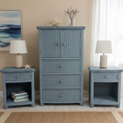 Gorgeous coastal blue 3 piece wicker bedroom set Dresser Nightstands 