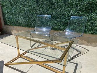 Glass/Metal Patio Table + 2 Plexiglass/Metal Chairs