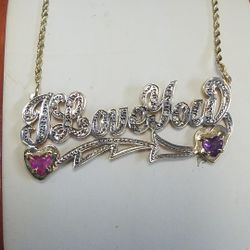 14K Yellow Gold Diamond 0.2ctw "I Love You " Necklace With Ruby & Amiathyst hearts 20" in Length 