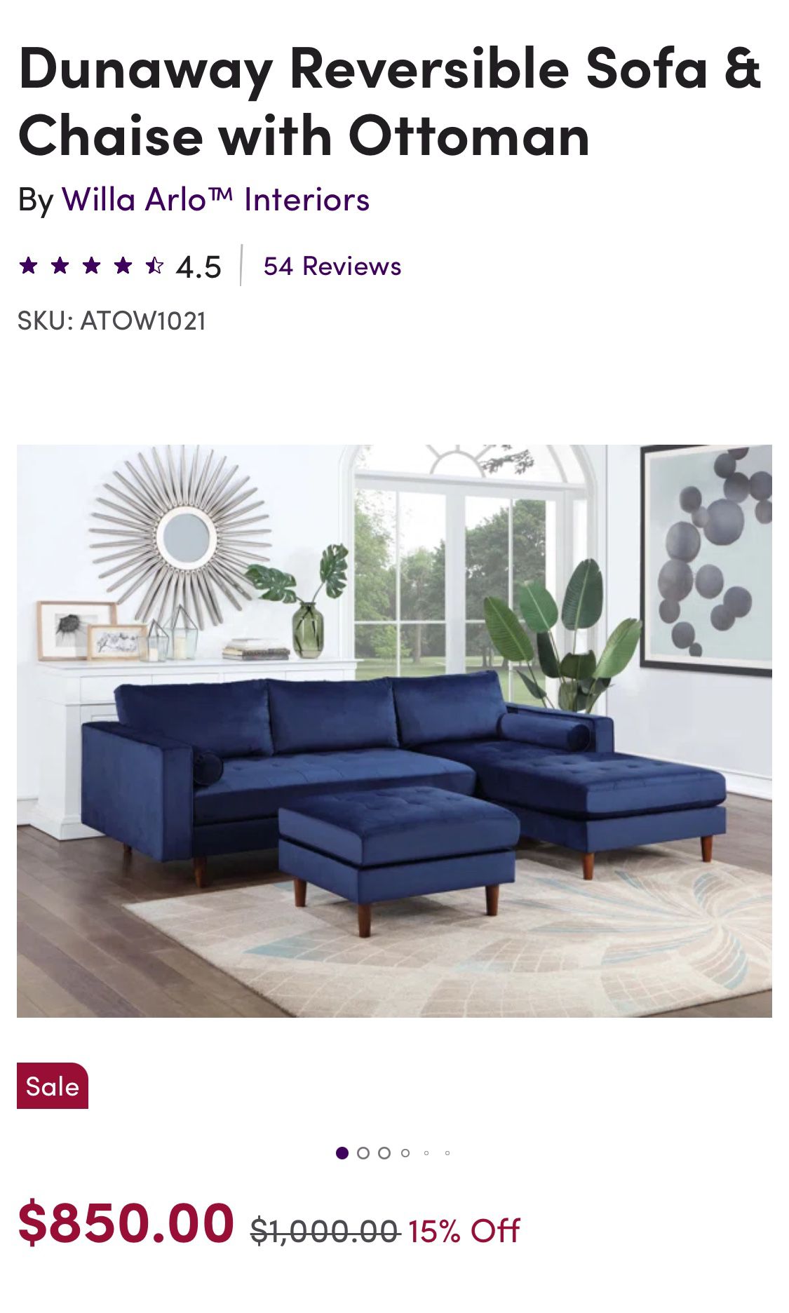 New in box Blue Velvet Reversible Sofa & Chaise with Ottoman