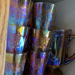 1970s Vintage Indiana Carnival Glass Pitcher, Iridescent Amber Harvest Grape Water Pitcher, Vintage 64 oz Lipped Water Pitcher W/ 12 Glasses 