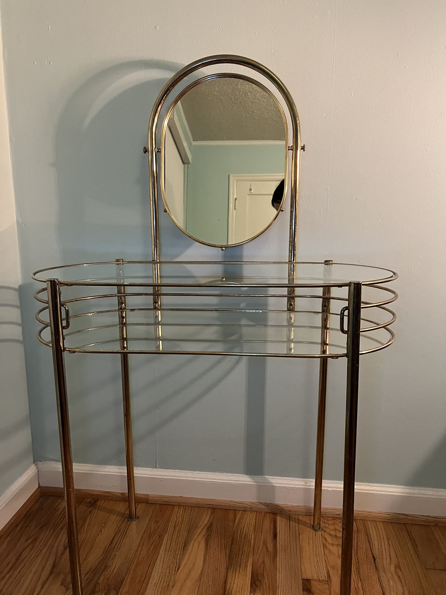 Vintage Brass & Glass Vanity With Chair