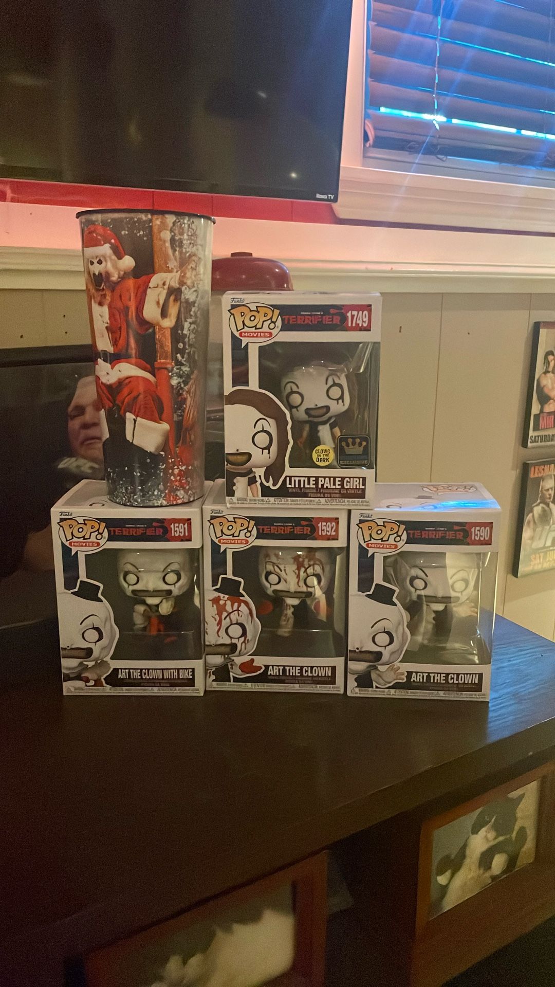 Terrifier Funko Pops (4) and Commemorative Cup