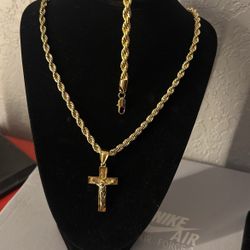 14k  Gold Plated Crucifix + 30" Rope Chain + Bracelet - Two-Tone