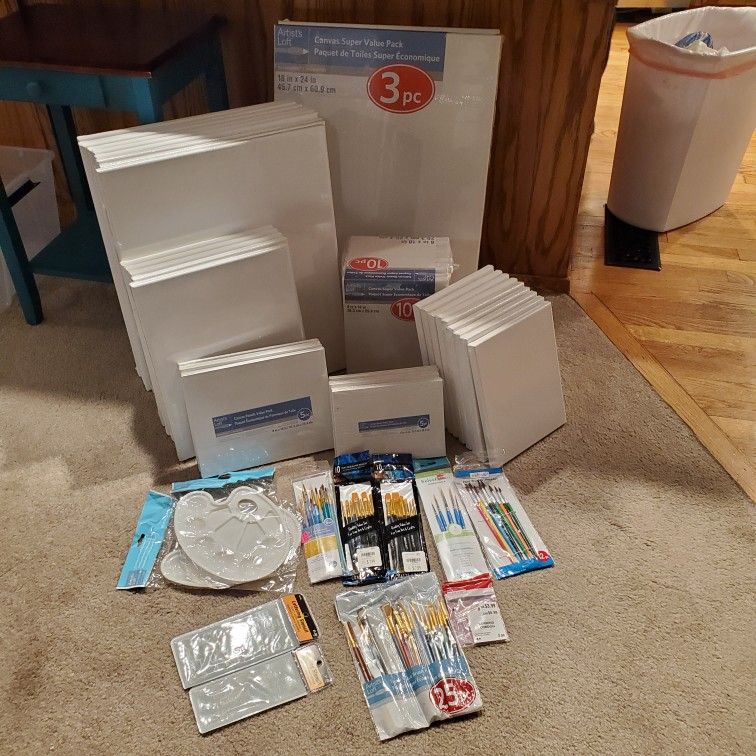 Lot Of Blank Canvas, Paint Brushes, Stencils & Paint Pallets