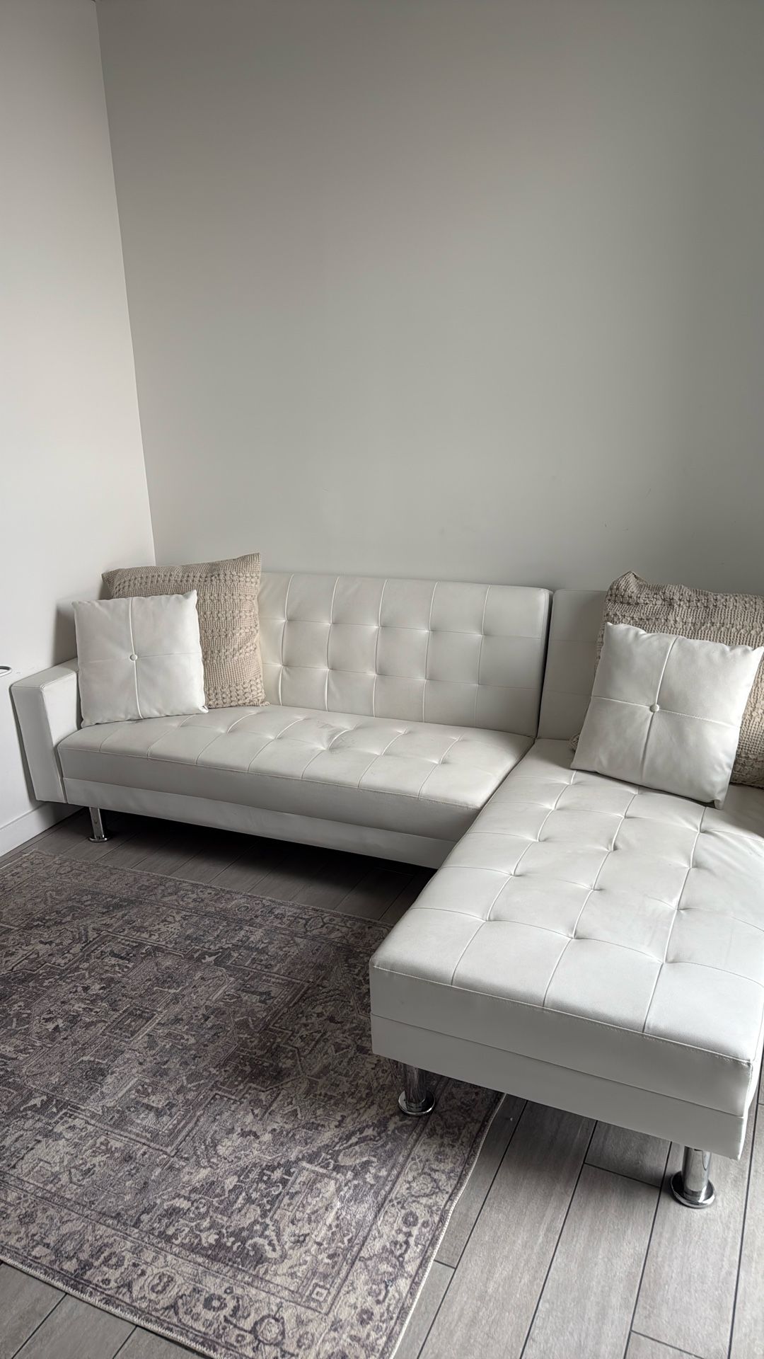 Modern White Faux Leather Sectional Futon Sofa – Pillows Included