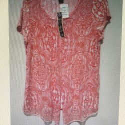 Susan Lawrence Women’s Large Short Sleeve Scoop Neckline Orange White Blouse