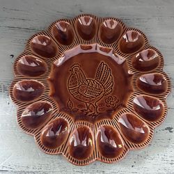 Vintage California Pottery 529 Brown Glazed Deviled Egg Tray w/ Rooster Farmhouse 10 1/4”