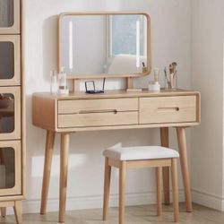 Solid Wood Vanity Desk with Mirror and Lights,Adjustable Height and Brightness, Makeup Vanity with 3 Drawers,Semi-Assembled,Dressing Table for Bedroom