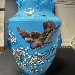 Vintage Blue Handmade Vase With Beautiful, Detailed Bird, Flowers And Much More