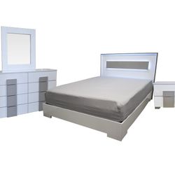 Glossy White & Grey 4pc BEDROOM SET With LED LIGHT/ Juego De Cuarto 🔥🔥 NEW!!!