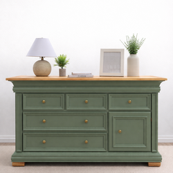 Solid Wood Two-Toned Green Dresser | 5 Drawers + Cabinet