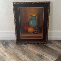 Vintage Still Life Oil Painting by Marian – Fruit and Blue Pitcher in Ornate Frame