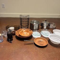 Pots, Baking Pans, Coffee Grinder, Glasses, Assorted Kitchen Goods