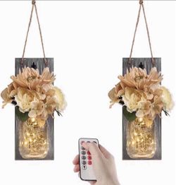 Hanging Mason Jar Decor with Farmhouse Living Room Wall Art Decor with Timer-Battery Operated LED Fairy Lights & Rose Flowers for Home D
