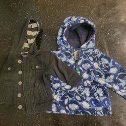 Lot of 2 Size 12 Months Jackets Fleece Blue Football Pullover and Black Button Up Hooded & Pockets