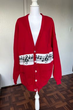 Annie Hall Originals Men’s red musical notes print knitted button down sweater size 3X
