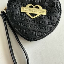 Juicy Couture Black Glam Heart ZA Wristlet Wallet Clutch Black Emboss 