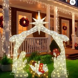 AWQM Lighted Outdoor Nativity Scene for Christmas Decor, 5.5ft Outdoor Nativity Display Set Yard Decoration W/140 Warm Lights, Holy Family Jesus Chris