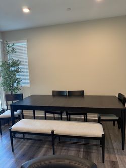 Black Wood Extendable Dining Table Set with 4 Chairs and Bench