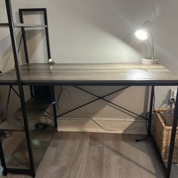 wooden desk with side shelves