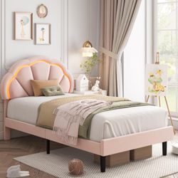 Twin Upholstered Smart LED Bed Frame with Adjustable Elegant Flowers Headboard, Platform Bed Frame Twin Size with Wooden Slats Support, No Box Spring 