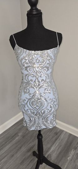 Silver light blue sequin bodycon short dress with open back