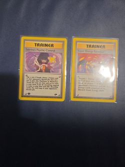 Two vintage Pokémon trainer cards for sale as a set:
Sabrina’s Psychic Control 121/132, 1st Edition, Gym Challenge
Super Energy Removal 79/102