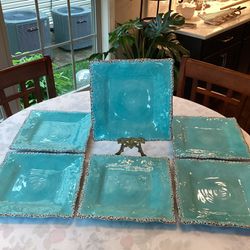 SET OF 6 Tommy Bahama Aqua  Blue 11” Melamine  Crackle Rope Edge Dinner Plates  