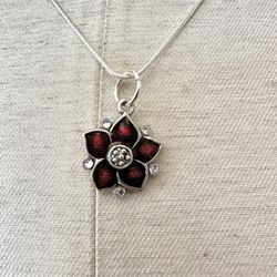 Silver Red Flower Pendant Necklace 