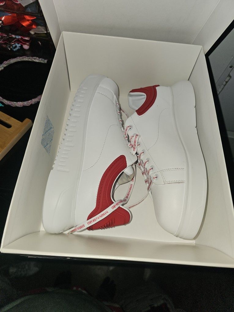 Emporio Armani Leather Sneakers- White With Red Trim And Logo - Men Size 9