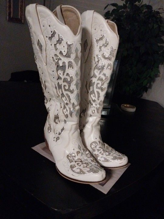 Mid Calf White, Glitter, And Rhymestones Woman's Boots