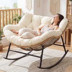 Papasan Rocking Chair with Cushion Indoor Outdoor, Oversized Padded Egg Rocking Chair, All-Weather Wicker Rattan Lounge Rocker, 450 lbs Capacity Glide