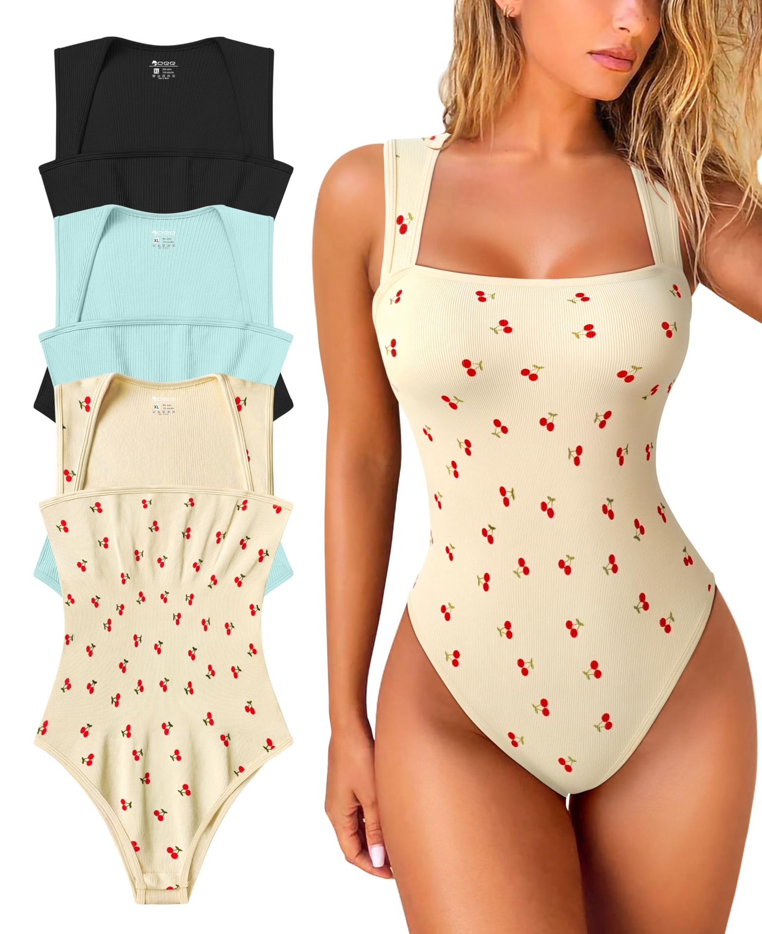 OQQ Women's 3 Piece Bodysuits Sexy Ribbed Strappy Square Neck Sleeveless Tummy Control Tank Tops Bodysuits Black Sea Salt Blue Cherry Beige Size L