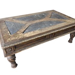Antique-Style Coffee Table – Rustic Wood & Stone Inlay (Needs TLC)