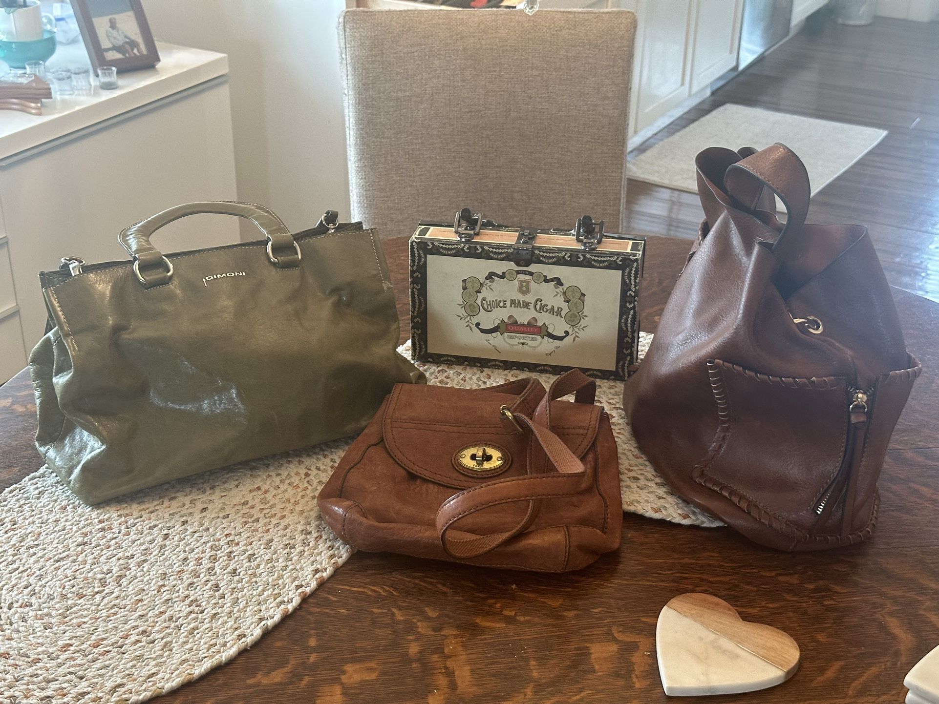 3 Real Leather Handbags, 1 Trinket Box Bag