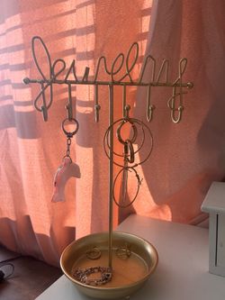Gold Metal Jewelry Organizer Stand with Tray