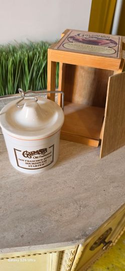 Vintage Gold Rush San Francisco Sourdough Starter Ceramic Crock W Wood Box