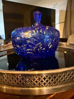 Vintage Cobalt Blue Pressed Glass Rose Pattern Candy Dish with Lid