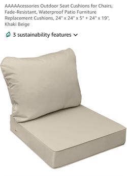 AAAAAcessories Outdoor Seat Cushions for Chairs, Fade-Resistant, Waterproof Patio Furniture Replacement Cushions, 24" x 24" x 5" + 24" x 19", Khaki Be
