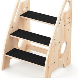 Toddler Step Stool, Wooden Height-Adjustable 3-Step Stool for Kids, Potty Training Stool with Handles and Non-Slip Pads for Bathroom Sink, Kitchen, Be